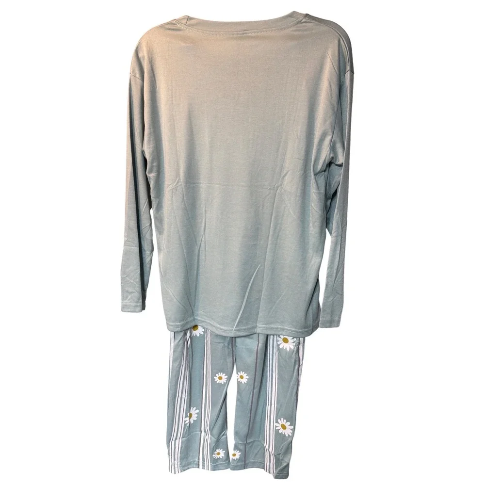 Women's Large Seafoam Green Daisy Floral Pajama Lounge Set NWT Cozy Sleepwear